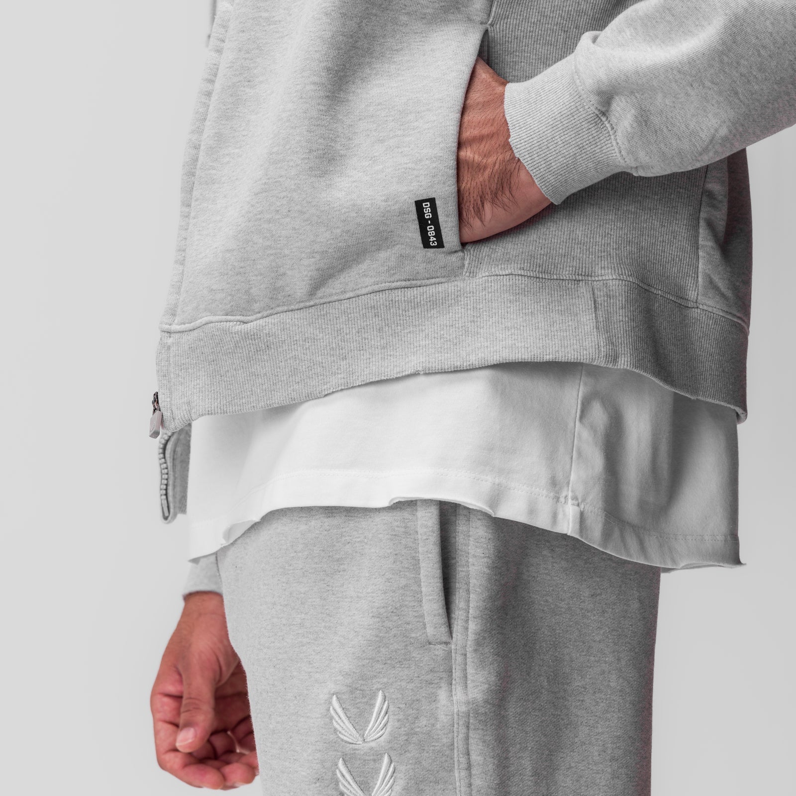 0843. Tech Essential™ Distressed Full Zip Hoodie - Heather Grey
