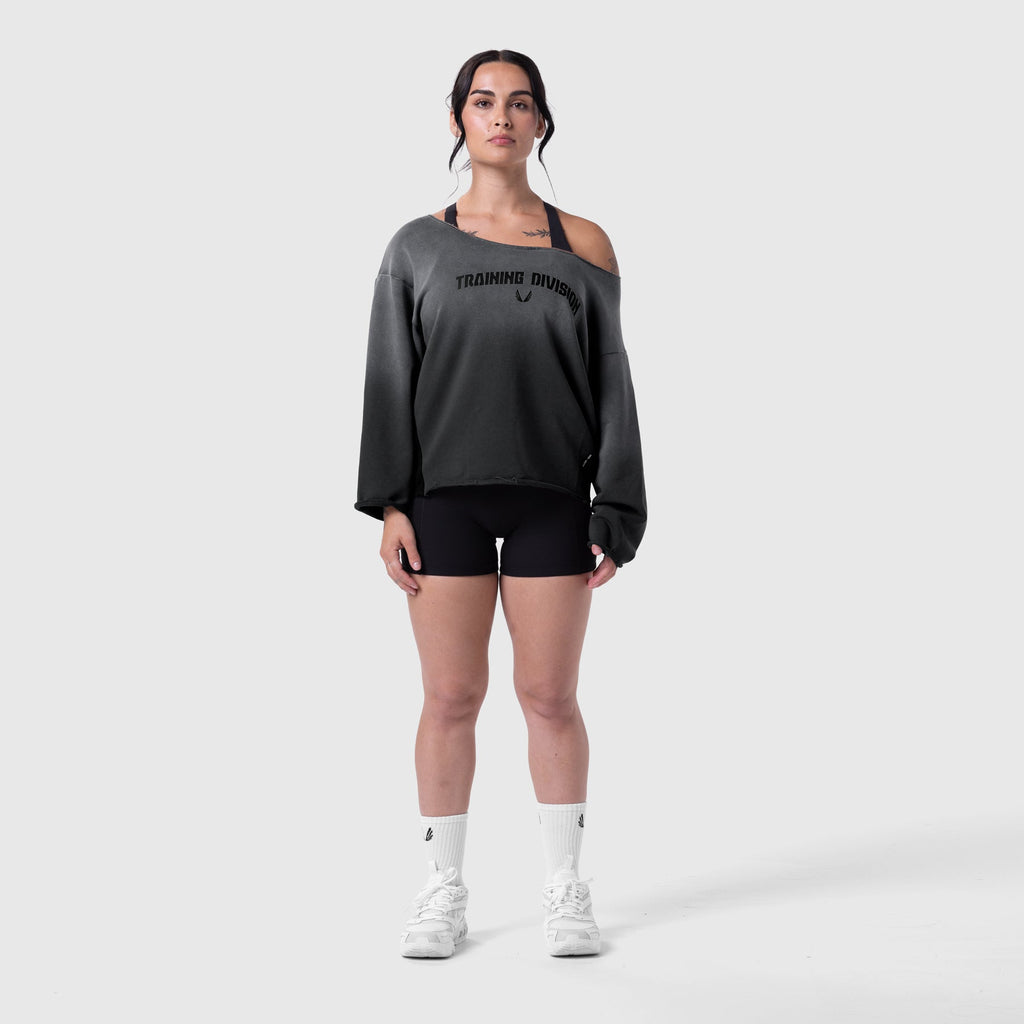 W049. Raw Hem Oversized Crewneck - Black Sun Fade