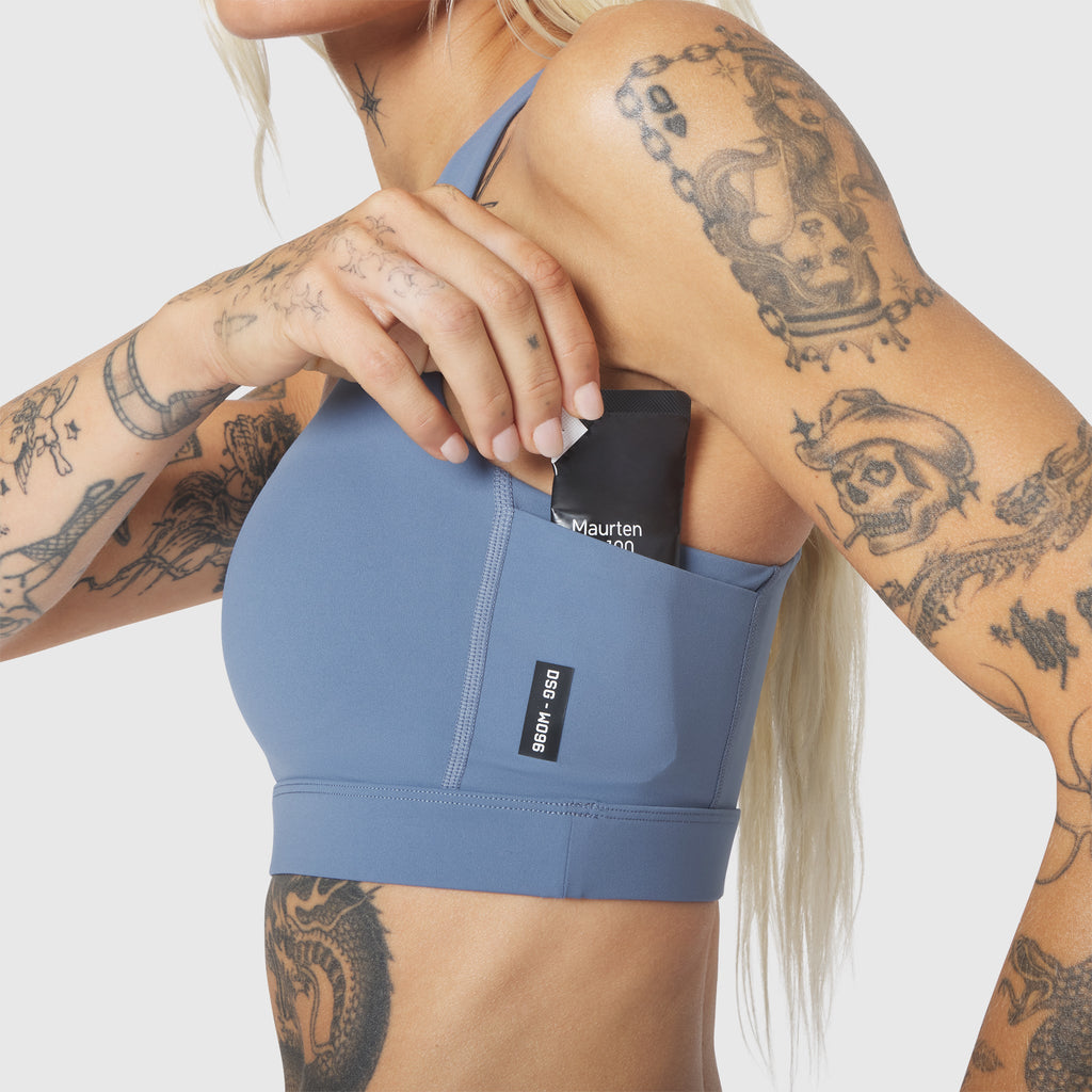W096. LYCRA® ADAPTIV Racerback Sports Bra - Slate Blue